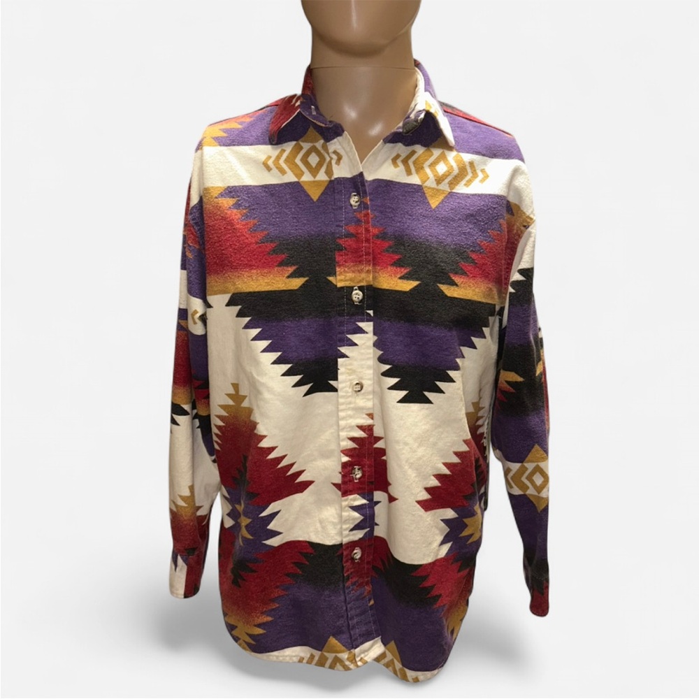 Vintage Cabelas Southwest Aztec-Inspired Button Down Flannel Shirt M Boho